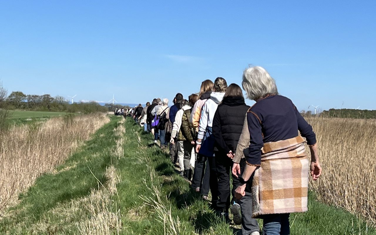 Folk på vandretur på diget langs Randers Fjord